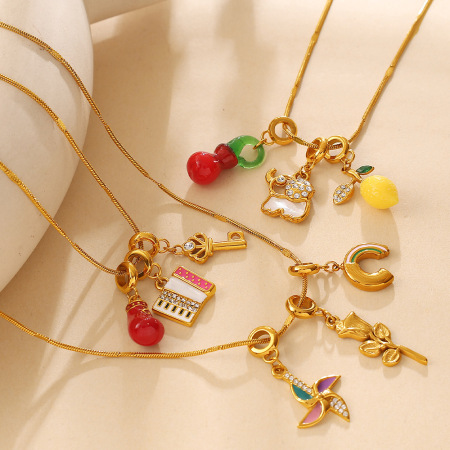 Colliers pendentifs pour femmes en acier inoxydable étanche, couleur or, strass et perles artificielles 2
