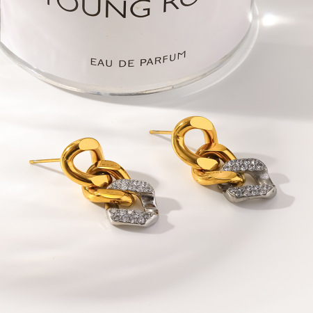 Boucles d'oreilles pendantes pour femme, style hip-hop/rock, chaîne multicolore en acier inoxydable, étanches, couleur or et strass.