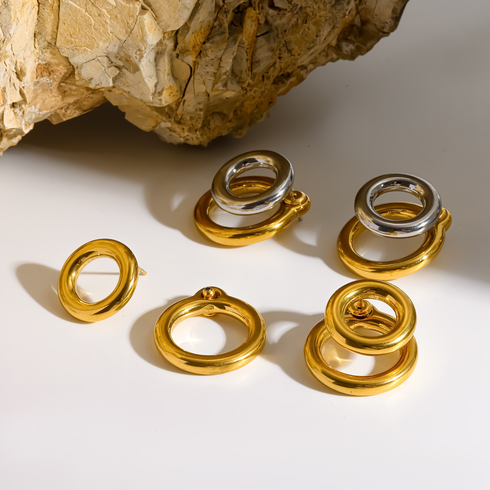 Boucles D'Oreilles Puces Pour Femmes, Forme Créole Simple, En Acier Inoxydable, Étanches, Couleur Or Image2