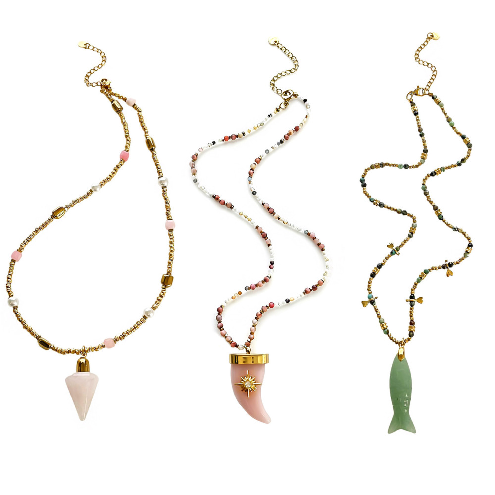 Colliers De Perles Pour Femmes, Collection Ethnique Rétro, Motif Triangle Et Poisson, Ornés De Pierres Naturelles Image5