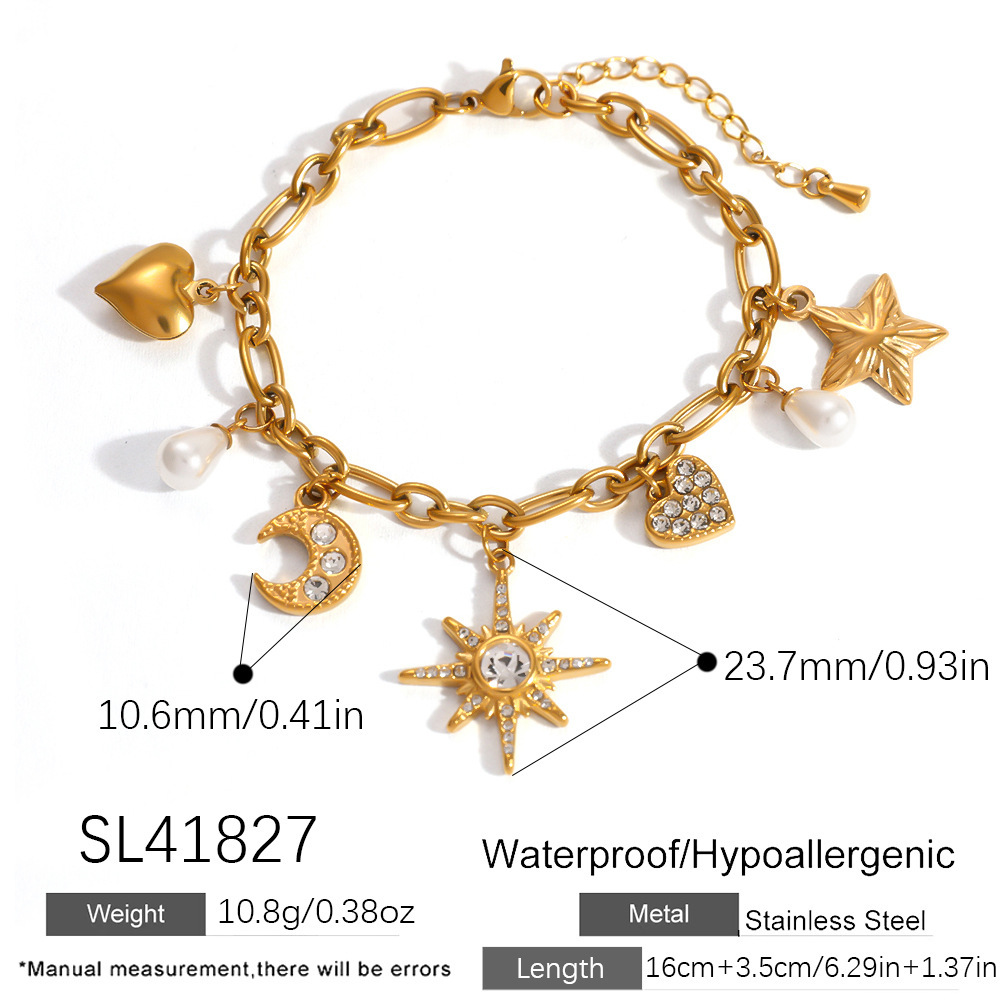 Bracelets À Breloques Pour Femmes, Collection Simple, Rétro, Soleil, Étoile Et Lune, En Acier Inoxydable, Étanches, Couleur Or 