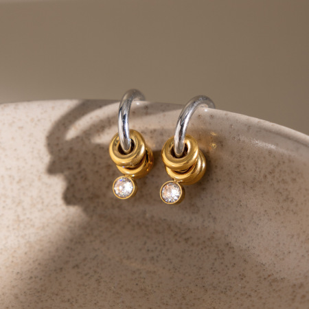 Boucles d'oreilles pendantes pour femme, style simple, rondes, en acier inoxydable multicolore étanche, ornées de zircon. 2
