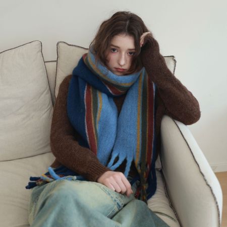 Écharpes d'hiver Simple Series Daily Stripe à pompons, coloris mélangés, en laine et polyester 2