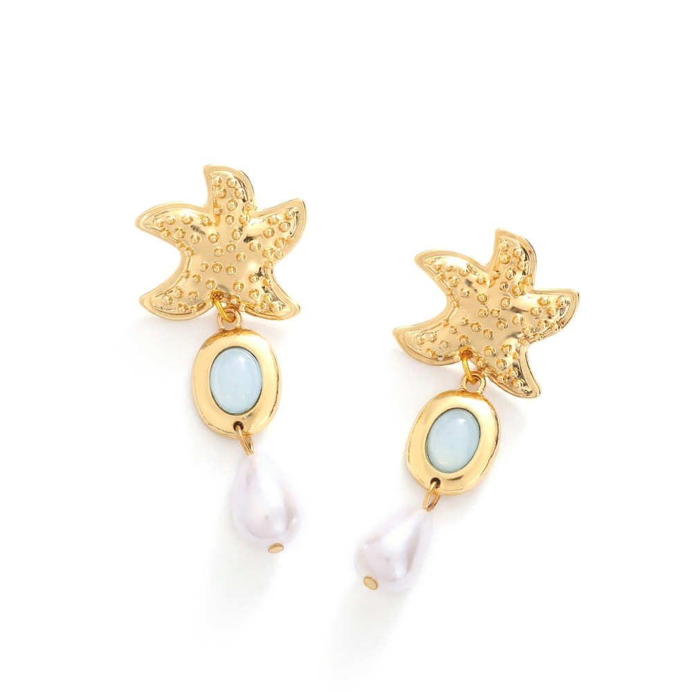 Boucles D'Oreilles Pendantes Pour Femme, Style Océanique, Motif Étoile De Mer, En Alliage Et Perles Artificielles Image2