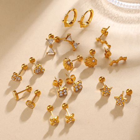 Boucles d'oreilles puces pour femmes, collection Simple Series, forme irrégulière de fleur et d'étoile, en acier inoxydable étanche, couleur or