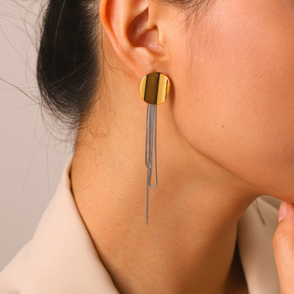 Boucles D'Oreilles Pendantes Pour Femme, Style Géométrique, Avec Pompon Rond, En Acier Inoxydable Étanche, Couleur Or. Image5