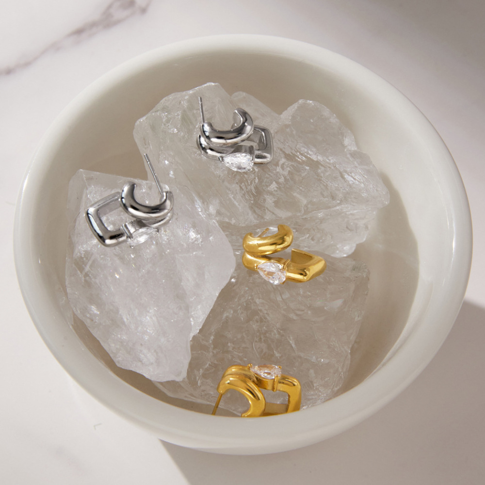 Boucles D'Oreilles Puces Pour Femmes, Forme Irrégulière En Goutte Décontractée, En Acier Inoxydable Étanche, Couleur Or, Avec Zircon. h5Image3