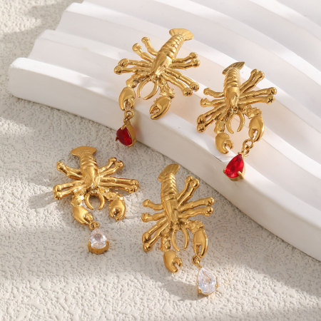 Boucles d'oreilles puces pour femmes, style vacances océanique, en forme de homard, en acier inoxydable étanche, couleur or et zircon.