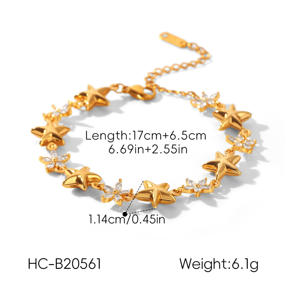 Bracelet Chaîne Pour Femme Simple Series Daily Flower Star En Acier Inoxydable, Étanche, Couleur Or, Avec Zircon. Image2