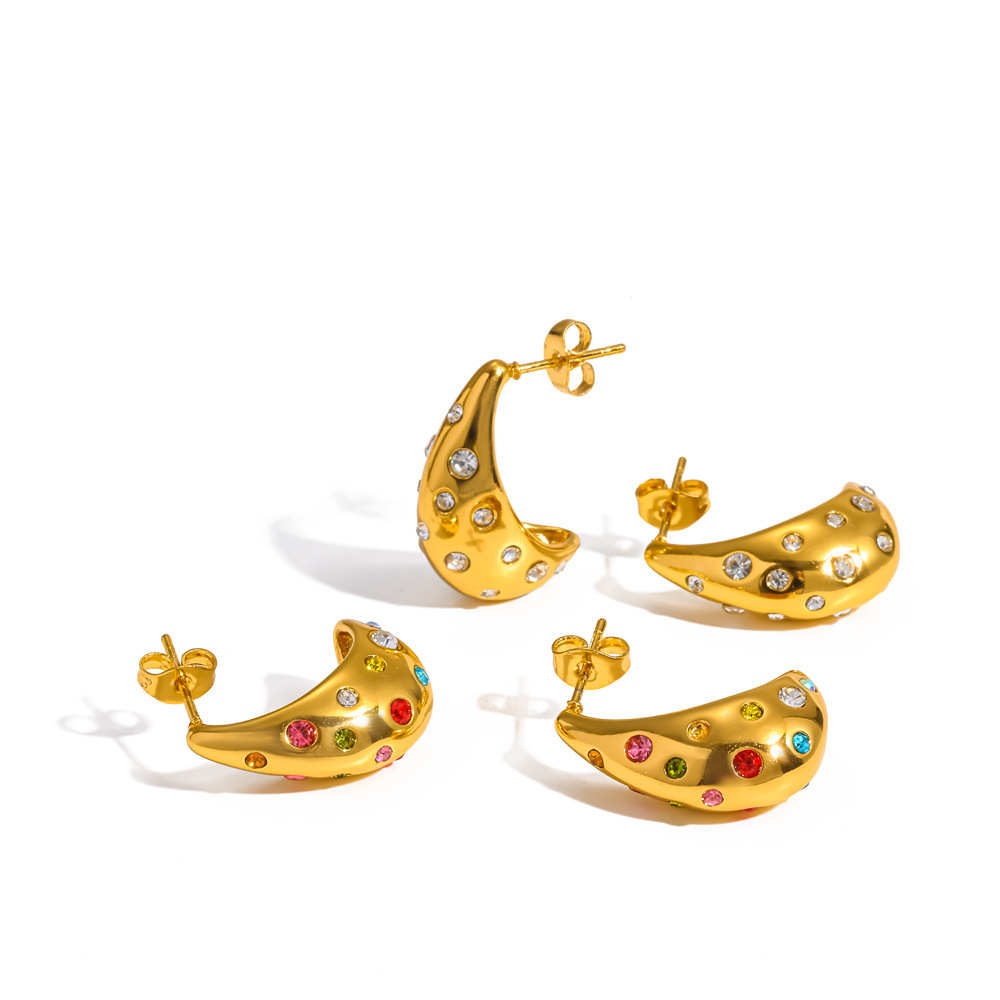 Boucles D'Oreilles Puces Élégantes En Acier Inoxydable, Imperméables, Couleur Or, Ornées De Strass, En Forme De Goutte. Image4