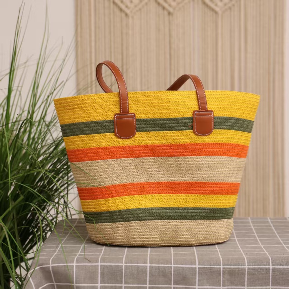 Sac Trapèze Femme En Raphia Tissé À Rayures Multicolores Style Vacances h5Image3