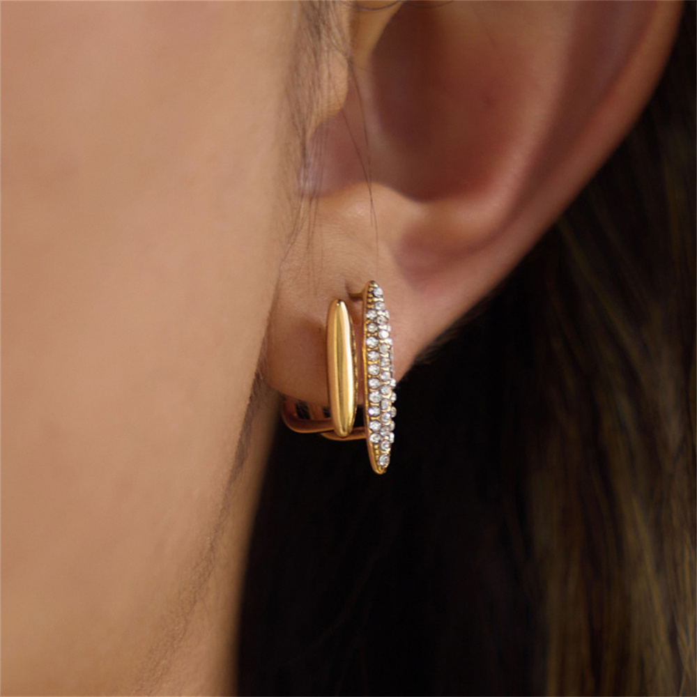 Boucles D'Oreilles Puces Pour Femmes, Forme Elliptique Simple Et Décontractée, En Acier Inoxydable Étanche, Couleur Or, Avec Zircon. h5Image2