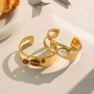 Bracelets Manchettes Pour Femmes En Acier Inoxydable Doré, Forme Géométrique, Étanches, Avec Pierre Naturelle h5 Image3