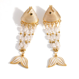Boucles D'Oreilles Pendantes Pour Femme, Collection Romantique, Motif Poisson Irrégulier, En Acier Inoxydable, Couleur Or, Étanches. h5 Image4