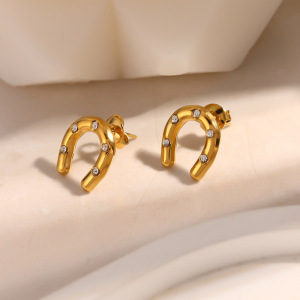 Boucles D'Oreilles Puces Pour Femmes En Acier Inoxydable, Forme Elliptique En Fer À Cheval, Couleur Or, Zircon Et Verre, Étanches. h5 Image3