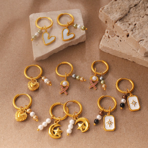 Boucles D'Oreilles Pendantes Pour Femme En Acier Inoxydable Doré, Ornées De Strass Et De Perles Artificielles, Avec Lune Et Cœur. h5 Image3