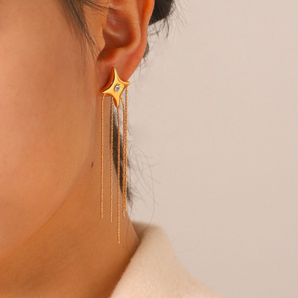 Boucles D'Oreilles Pendantes Pour Femme, Style Simple Et Élégant, En Acier Inoxydable Imperméable, Couleur Or, Avec Pompon Et Zircon. Forme Irrégulière Et Pompon. Image3