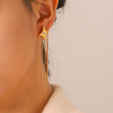 Boucles d'oreilles pendantes pour femme, style simple et élégant, en acier inoxydable imperméable, couleur or, avec pompon et zircon. Forme irrégulière et pompon. 2