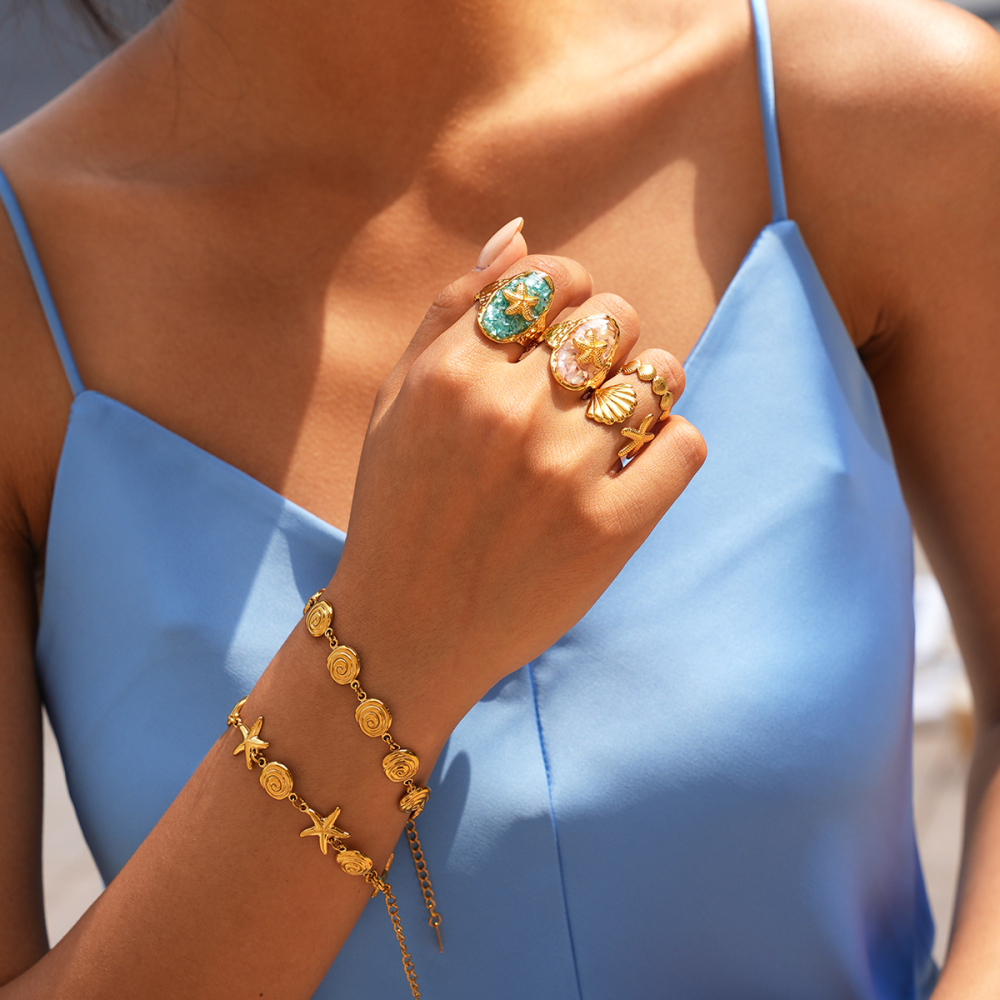 Ensembles De Bagues Pour Femmes Ocean Series Daily Shell Starfish En Acier Inoxydable Étanche Couleur Or Image5
