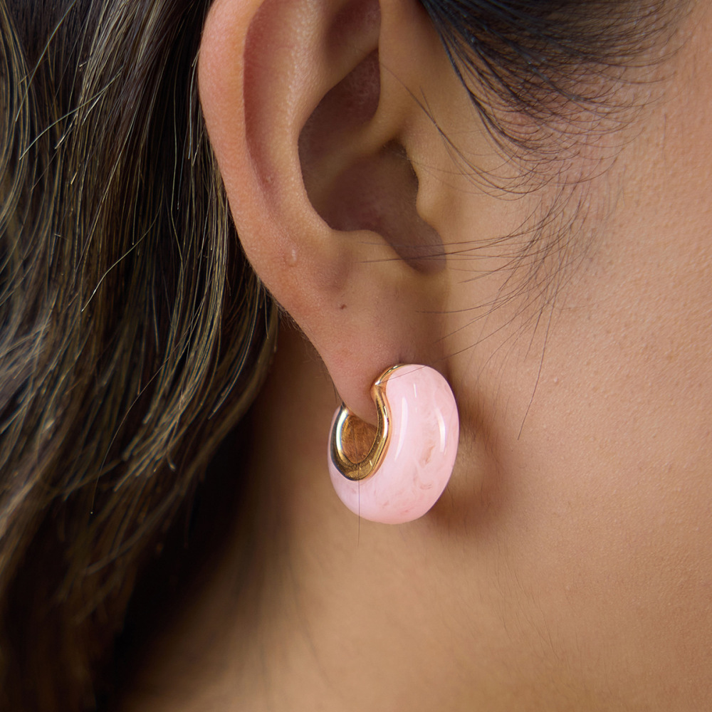 Boucles D'Oreilles Puces Pour Femmes, Style Rétro, Rondes, Dégradé De Couleurs, En Acier Inoxydable, Étanches, Couleur Or Et Acrylique. Image3