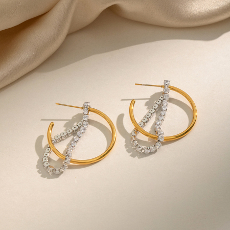 Boucles d'oreilles pendantes pour femme, en acier inoxydable imperméable, couleur or, avec pompon simple et strass. 2