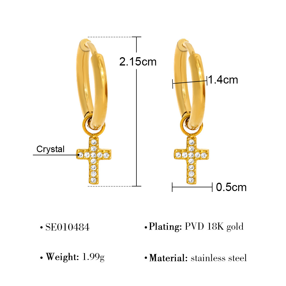 Boucles D'Oreilles Pendantes Pour Femme, En Acier Inoxydable, Couleur Or, Ornées D'Une Croix Et De Zircon, Étanches Et Serties De Fleurs.