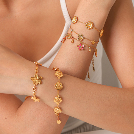 Bracelet chaîne pour femme Simple Series Daily Flower en acier inoxydable, étanche, couleur or, avec zircon.
