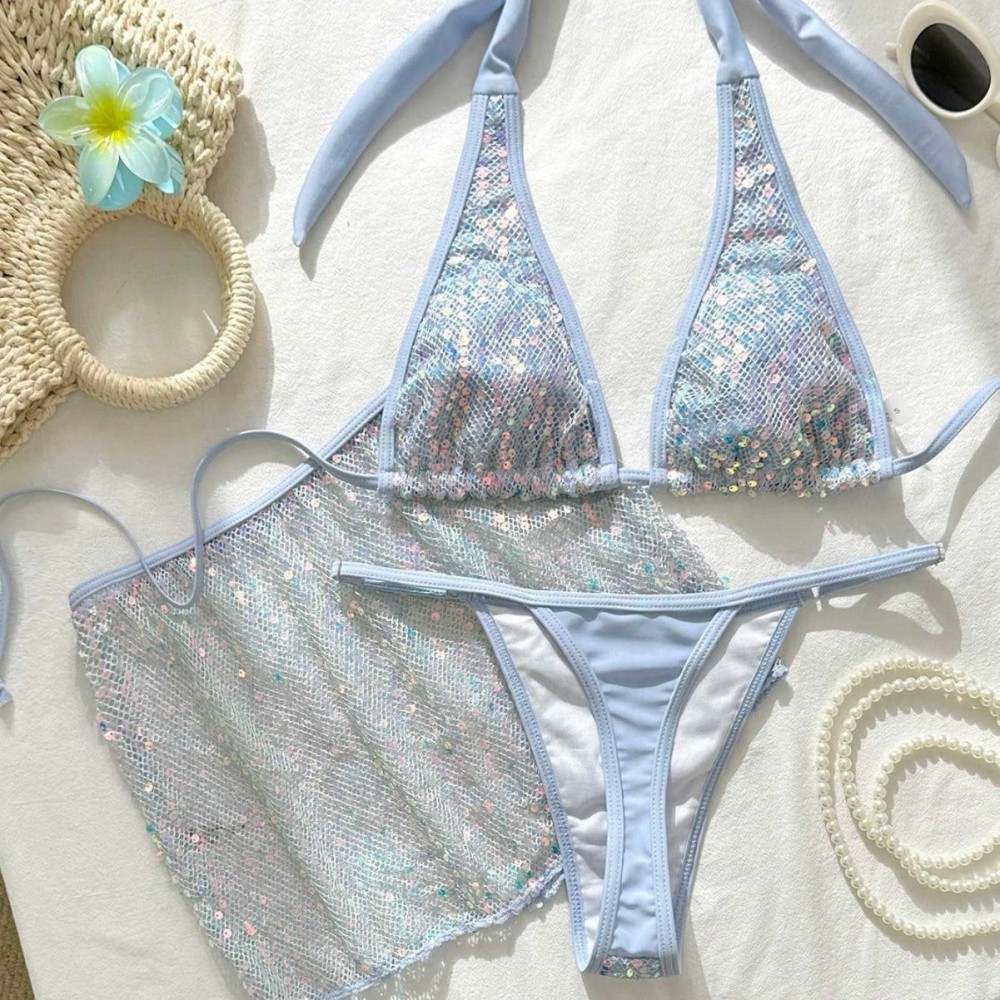 Ensemble Bikini Sexy À Bretelles Et Sequins Pour Les Vacances À La Plage Image3