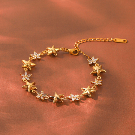 Bracelet chaîne pour femme Simple Series Daily Flower Star en acier inoxydable, étanche, couleur or, avec zircon.