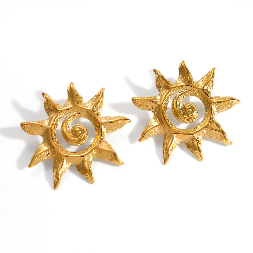 Boucles D'Oreilles Puces Pour Femmes, Collection Classique, Modèle Simple Sun, En Acier Inoxydable Étanche, Couleur Or. Image4
