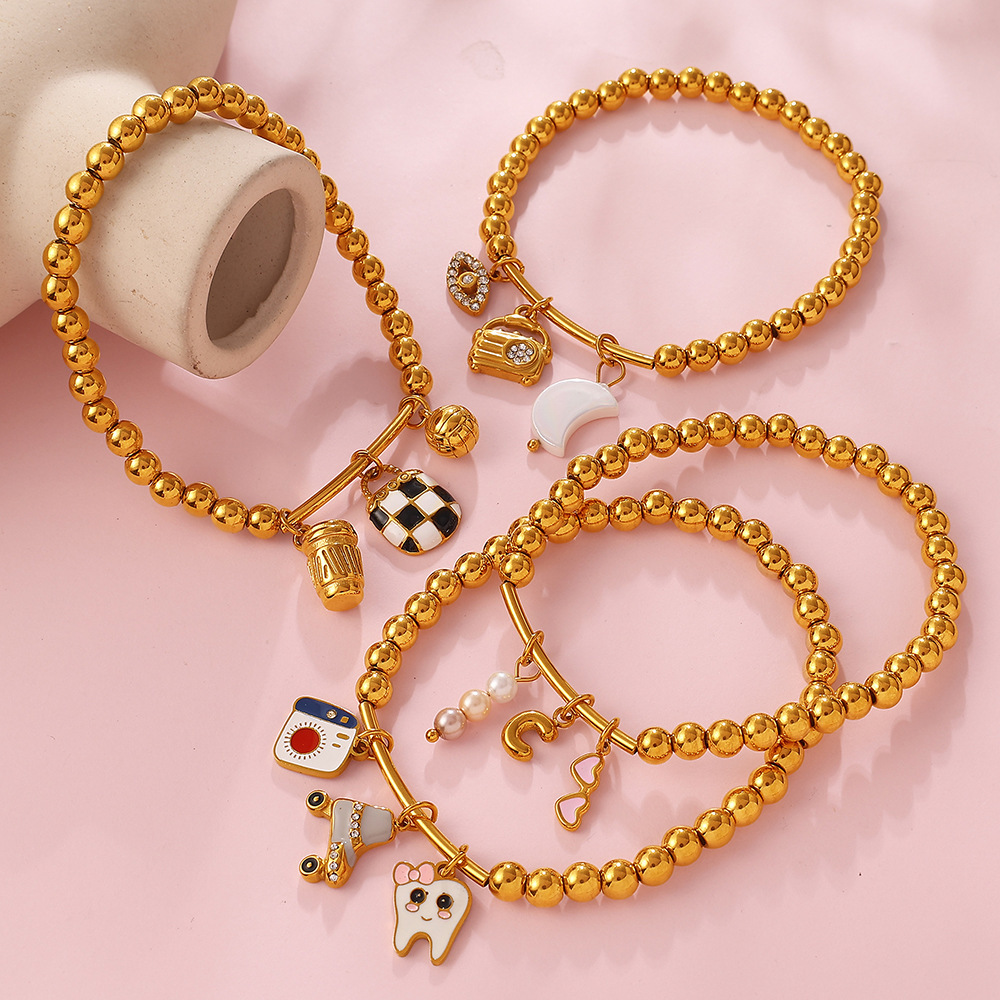 Bracelet À Breloques Pour Femme, Motif Fleur, Œil De Diable Et Lune, En Acier Inoxydable, Étanche, Couleur Or. Image3