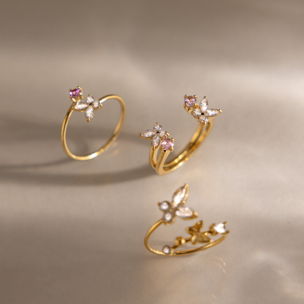 Bagues Pour Femmes En Acier Inoxydable Doré, Ornées De Zircon Et Serties De Pierres Précieuses, Collection Romantique Sweet Butterfly Image3