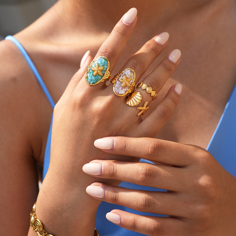 Ensembles De Bagues Pour Femmes Ocean Series Daily Shell Starfish En Acier Inoxydable Étanche Couleur Or Image4