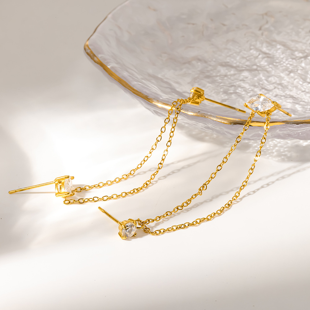 Boucles D'Oreilles Puces Pour Femmes, Élégantes, À Pampilles, En Acier Inoxydable, Imperméables, Couleur Or, Avec Zircon, Collection Luxueuse. Image4