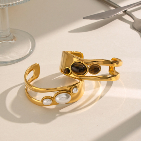 Bracelets manchettes pour femmes en acier inoxydable doré, forme géométrique, étanches, avec pierre naturelle 2