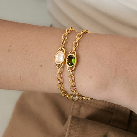 Bracelet chaîne femme Daily Chain en acier inoxydable étanche couleur or avec zircon, forme ellipse 2