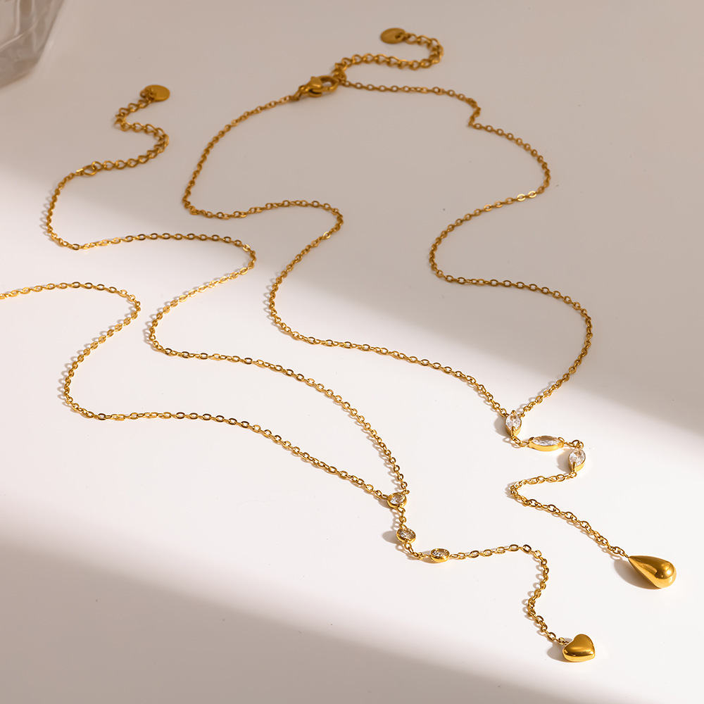 Collier Pendentif Élégant En Forme De Cœur Et Goutte D'Eau, En Acier Inoxydable Étanche, Couleur Or, Avec Zircon. Image4