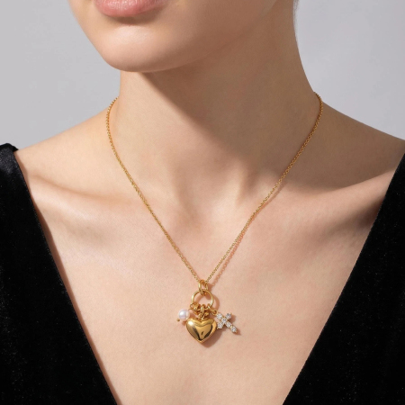 Colliers pendentifs pour femmes, collection luxueuse, style rétro, en forme de cœur et croix, en acier inoxydable étanche, couleur or et strass. 2