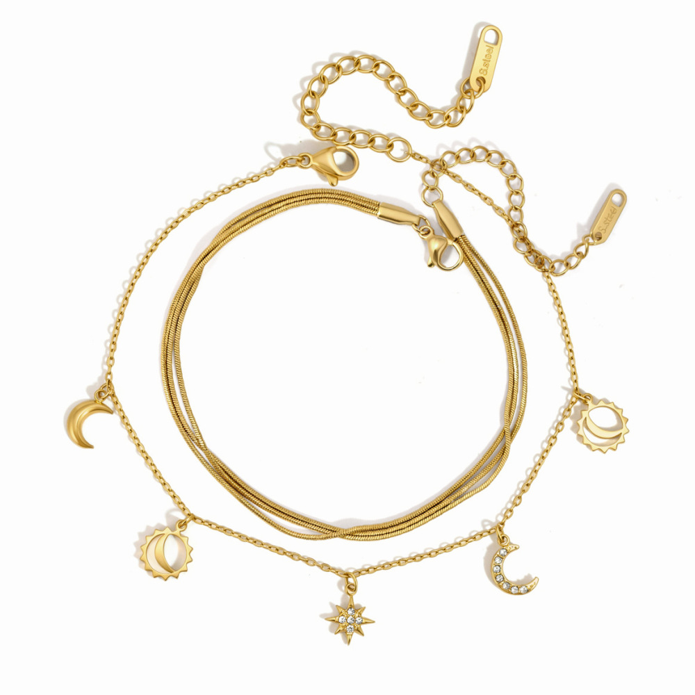 Bracelet De Cheville Simple Series Retro Soleil Et Lune En Acier Inoxydable Étanche Couleur Or Image5