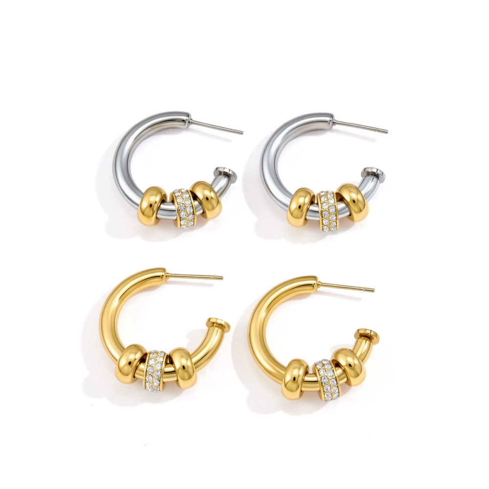 Boucles D'Oreilles Puces Élégantes Et Rondes En Acier Inoxydable Doré Et Zircon, Pour Femmes, Collection Luxueuse. h5Image5