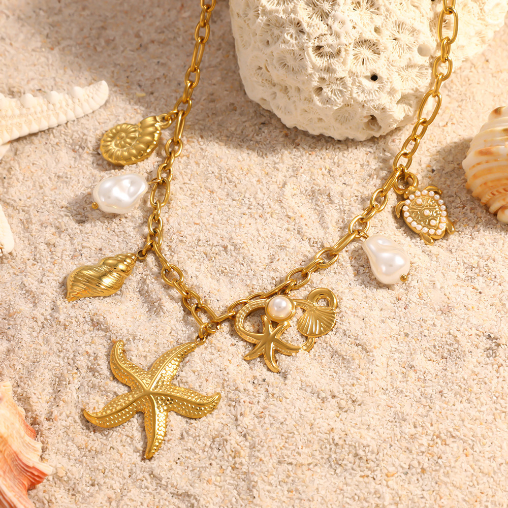 Colliers Pendentifs Pour Femmes, Style Océan, Coquillage Et Étoile De Mer, En Acier Inoxydable Étanche, Couleur Or Image3