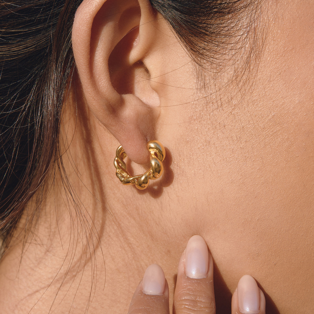 Boucles D'Oreilles Créoles Pour Femmes, Style Rétro, Torsadées, En Acier Inoxydable, Couleur Or, Étanches. Collection Simple. h5Image3