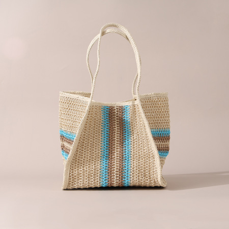 Sac cabas femme en raphia tissé à rayures ajourées, style décontracté, couleurs mélangées