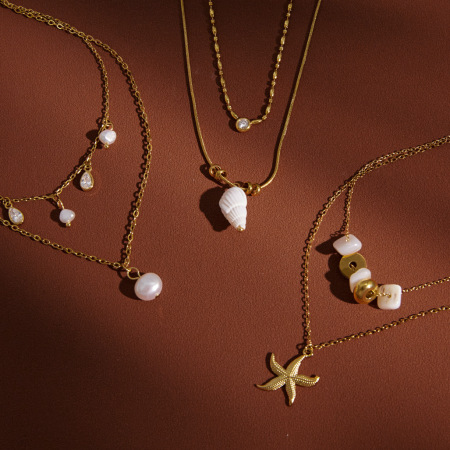 Collier pendentif femme en acier inoxydable doré, forme irrégulière, coquillage et étoile de mer, romantique et mignonne