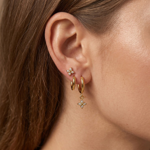 Boucles D'Oreilles Élégantes Clover En Acier Inoxydable Étanche Couleur Or Avec Zircon Pour Femmes h5 Image3