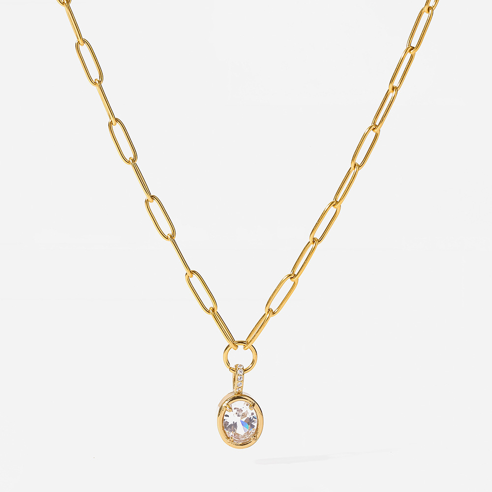 Colliers Pendentifs Pour Femmes, Luxueux Et Élégants, En Forme D'Ellipse, En Acier Inoxydable Étanche, Couleur Or, Ornés De Zircon. h5Image4