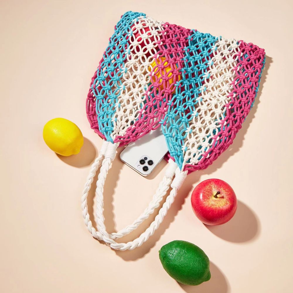 Sac Carré Pour Femme En Coton Tissé À Rayures Ajourées, Style Vacances, De Couleur Mélangée Image3