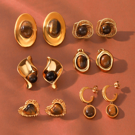 Boucles d'oreilles puces pour femmes, style rétro simple, forme elliptique irrégulière, acier inoxydable, couleur or, imperméables, avec pierre naturelle