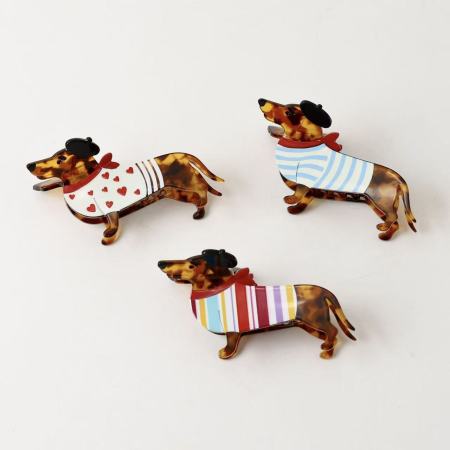 Griffes en acétate à rayures en forme de teckel, motif cœur mignon et dessin animé, série simple 2