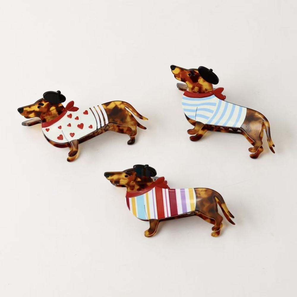 Griffes En Acétate À Rayures En Forme De Teckel, Motif Cœur Mignon Et Dessin Animé, Série Simple Image2